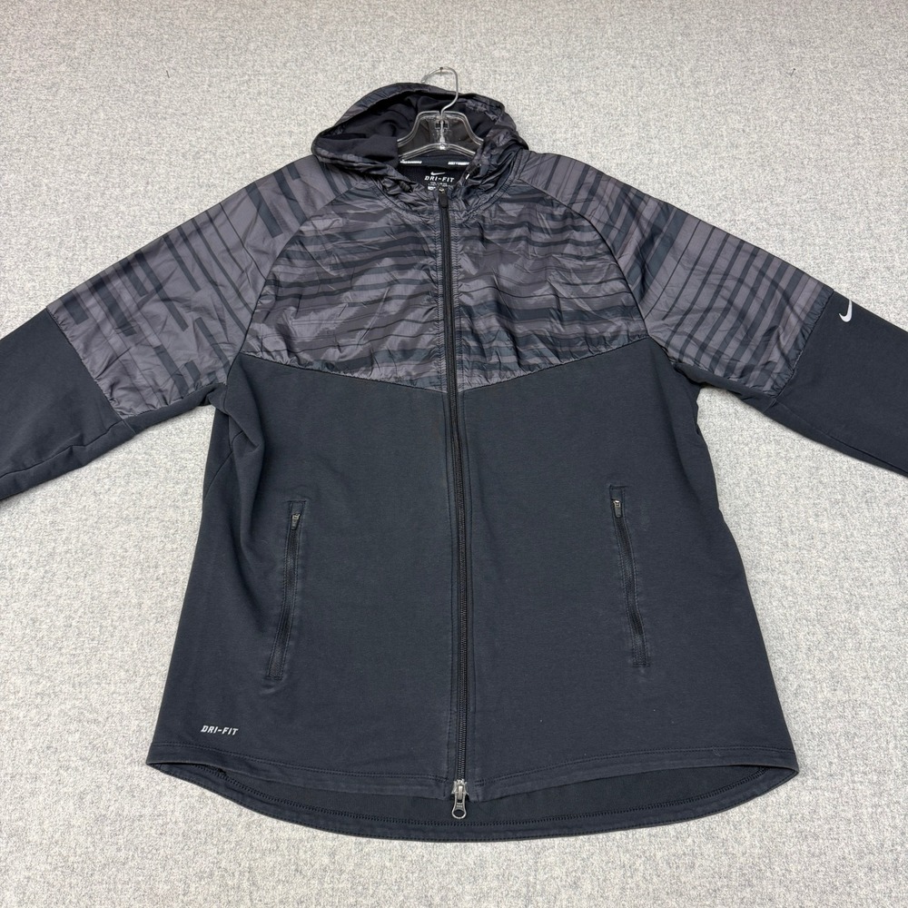 Nike Running Jacket XL Black Gray Dri-FIT Full Zip Hooded Striped Windbreaker